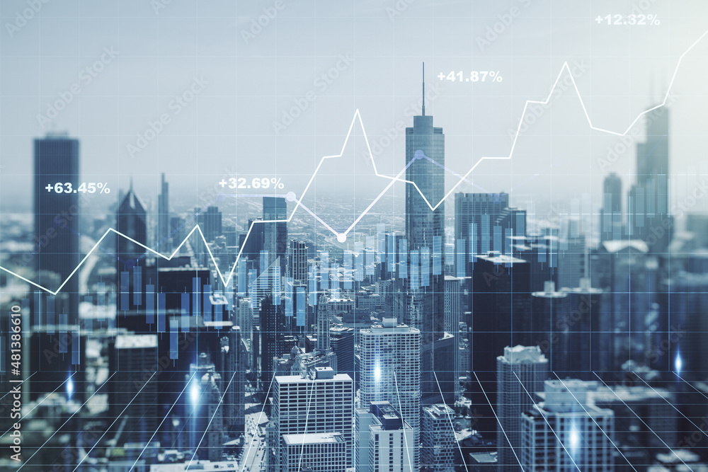 Multi exposure of virtual creative financial chart hologram on Chicago skyscrapers background, research and analytics concept