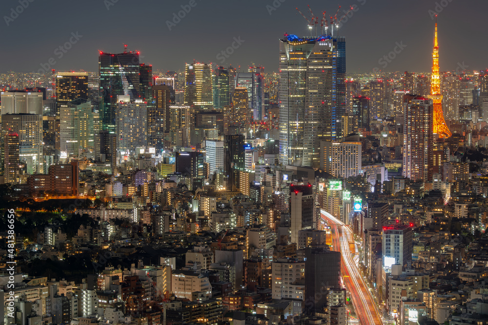 東京都渋谷区にある高層ビルから見た東京の夜の都市景観