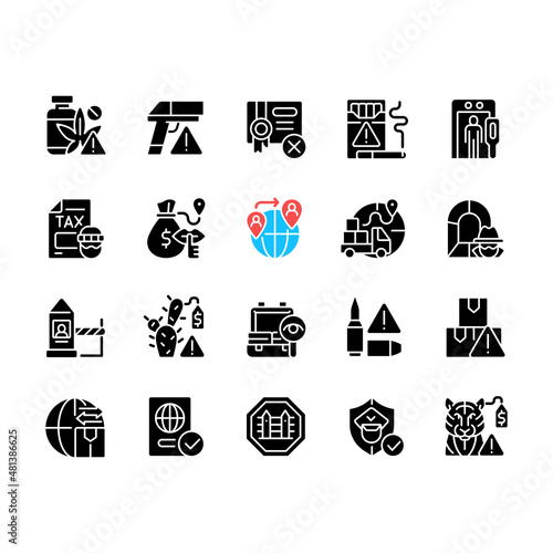 Smuggling black glyph icons set on white space. Illegal import and export. Illicit drugs trade. International crime prevention. Border security. Silhouette symbols. Vector isolated illustration