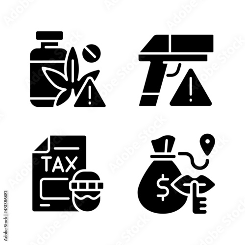 Illegal transportation black glyph icons set on white space. Drugs and armament trading. Smuggling and contraband. Tax evasion. Bulk cash. Silhouette symbols. Vector isolated illustration