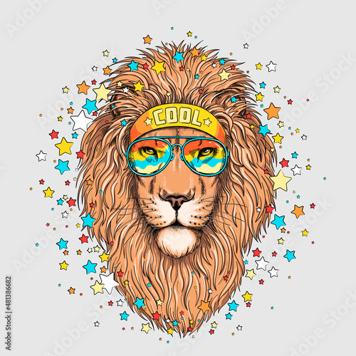 Canvas Print Lion head on a background of stars