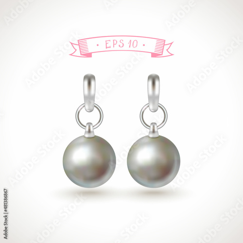 Realistic Silver Earings with Grey Pearls. Vector Illustration. photo