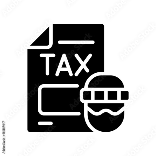 Tax evasion black glyph icon. Taxation fraud. Economic crime. Money laundering. False tax declaration. Neglecting payment. Silhouette symbol on white space. Vector isolated illustration