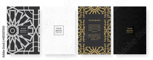 Luxury gold curve pattern cover design set. Elegant geometric ornament on golden background. Premium vector collection for rich brochure, luxe invite, royal wedding template