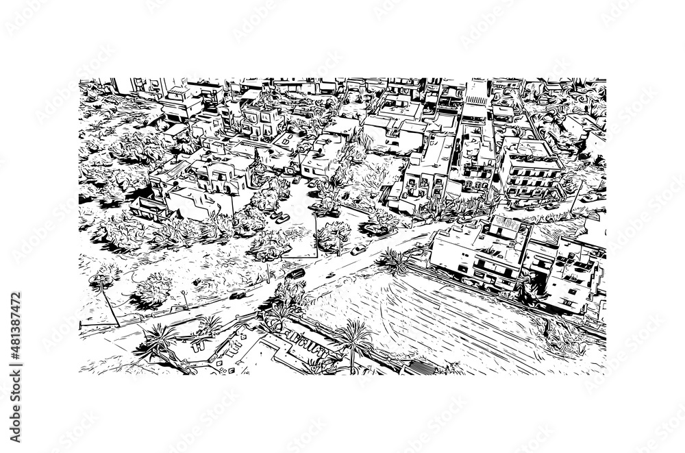 Building view with landmark of Malia is the 
town in Greece. Hand drawn sketch illustration in vector.