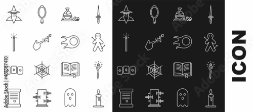 Set line Burning candle in candlestick, Magic staff, Voodoo doll, Witch cauldron magic stone, Spell, wand, Wizard warlock and Fireball icon. Vector