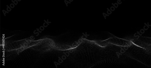 Futuristic digital wave. Dark cyberspace. Abstract vector wave with dots. White moving particles on background.