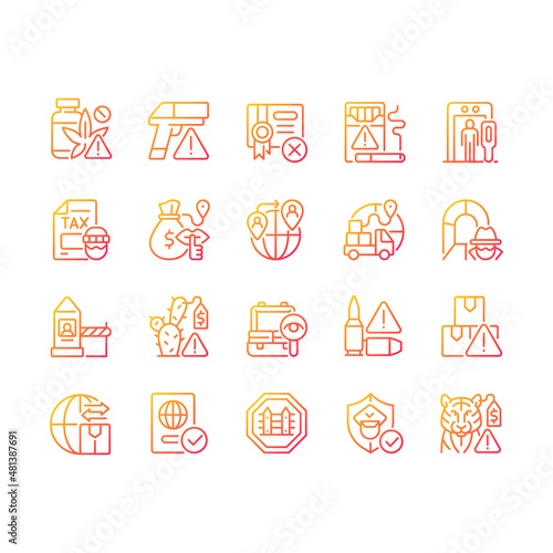 Smuggling gradient linear vector icons set. Illegal import and export. Illicit drugs trade. Thin line contour symbols bundle. Isolated outline illustrations collection. Quicksand-Light font used