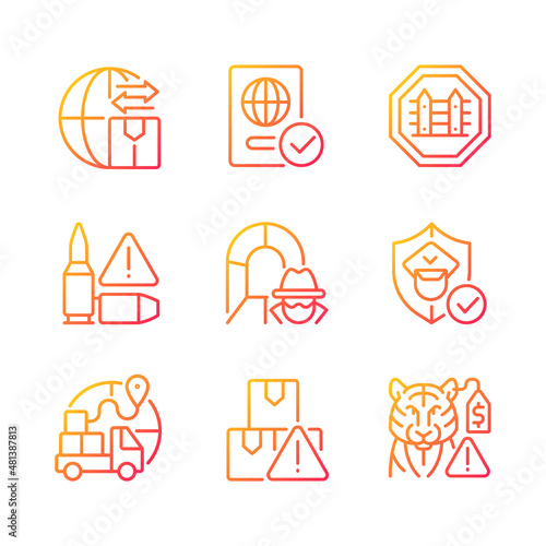 International trading gradient linear vector icons set. Customs officer. Smuggling tunnel. Border security. Thin line contour symbols bundle. Isolated outline illustrations collection