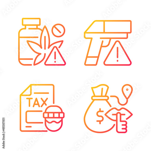 Illegal transportation gradient linear vector icons set. Drugs and armament trading. Smuggling and contraband. Thin line contour symbols bundle. Isolated outline illustrations collection