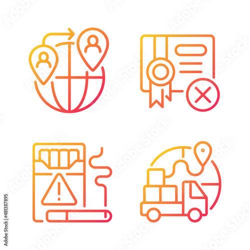 Contraband gradient linear vector icons set. People smuggling. Cigarettes illegal trading. Import restrictions. Thin line contour symbols bundle. Isolated outline illustrations collection