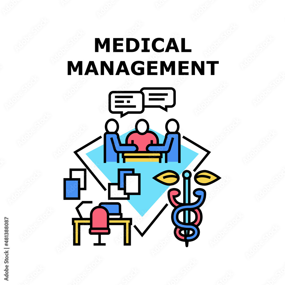 Medical management doctor health. hospital care. medicine patient. clinic computer. information diagnosis vector concept color illustration