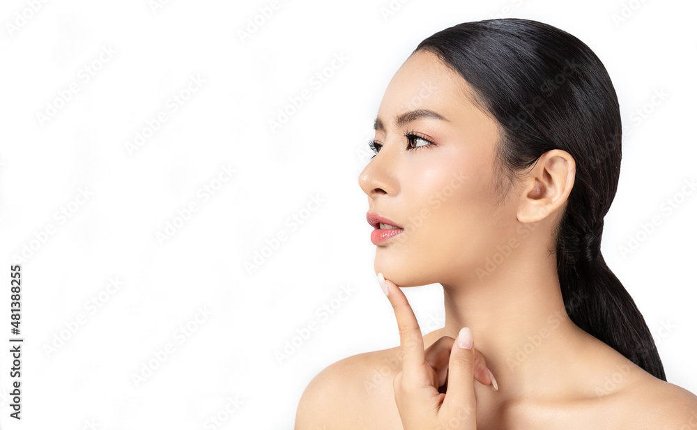 © paulaphoto - Closeup portrait of beauty asian woman with fair perfect healthy lift glow skin hand touching chin isolated on white, beautiful asia girl with pretty smile on face. Beauty korean spa skincare banner © paulaphoto - Closeup portrait of beauty asian woman with fair perfect healthy lift glow skin hand touching chin isolated on white, beautiful asia girl with pretty smile on face. Beauty korean spa skincare banner