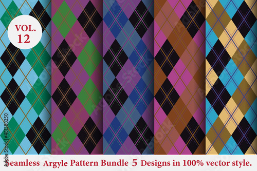 Argyle Pattern Bundle 5 designs Vol.12,Argyle vector,geometric, background,wrapping paper,Fabric texture,Classic Knitted,plaid

