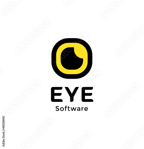 Eyeball vector icon. Yellow rectangle eye retina, photo lens abstract symbol, spy tech, vision surgery, smart camera app. SImple flat abstract logo template. Logotype concept design for business