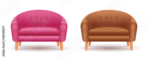 Elegant red and brown leather sofa set with wooden legs. Piece of furniture red couch. Realistic vector illustration isolated on white