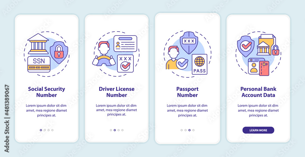 Highly sensitive data onboarding mobile app screen. Confidence walkthrough 4 steps graphic instructions pages with linear concepts. UI, UX, GUI template. Myriad Pro-Bold, Regular fonts used