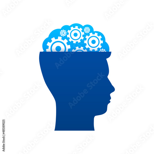 Abstract icon with silhouette man head gears on light background. Mental health concept. Business concept. Isolated vector.