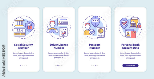 Highly sensitive data onboarding mobile app screen. Confidence walkthrough 4 steps graphic instructions pages with linear concepts. UI, UX, GUI template. Myriad Pro-Bold, Regular fonts used