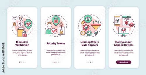 Confidentiality countermeasures onboarding mobile app screen. Safety walkthrough 4 steps graphic instructions pages with linear concepts. UI, UX, GUI template. Myriad Pro-Bold, Regular fonts used