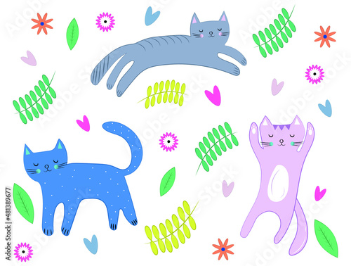 Colorful background with colorful cats, flowers, plants, cartoon cats, cats set, pets
