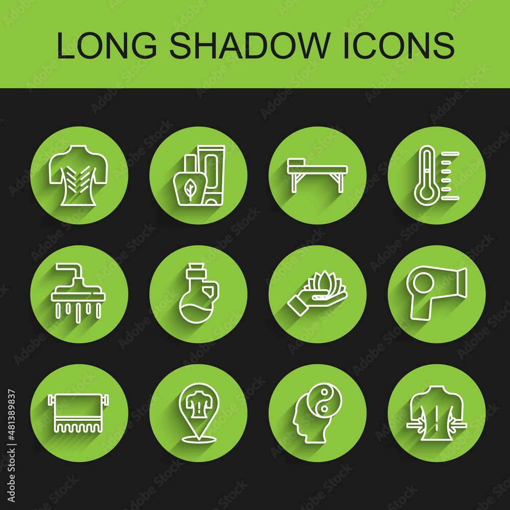 Set line Towel on hanger, Massage, Yin Yang, Essential oil bottle, Hair dryer and Lotus flower icon. Vector Set line Towel on hanger, Massage, Yin Yang, Essential oil bottle, Hair dryer and Lotus flower icon. Vector