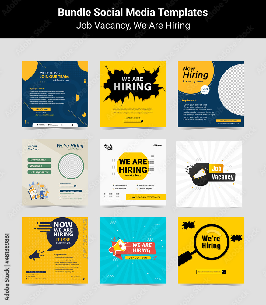 Bundling poster for we are hiring. employees needed. Set of social media template job vacancy recruitment