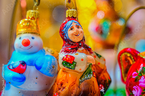 Baba Yaga. The snowman. Russian folk heroes. Fairy tales. Russian fairy tales. Russian New Year's toy. Painted Christmas tree toy. Thematic bauble. Christmas toy. Russian toy. New Year.