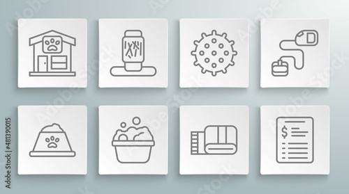 Set line Pet food bowl, Cat scratching post, Pets bath, Towel stack, Grooming salon price list, Tennis ball, Retractable cord leash and grooming icon. Vector