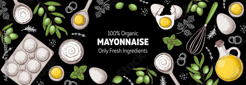 Mayonnaise sauce cooking and ingredients, hand drawn vector illustration. Homemade mayonnaise sauce, design elements. Hand drawn, package design.