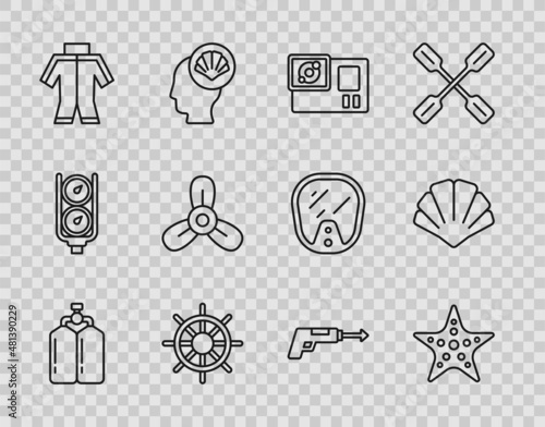Set line Aqualung, Starfish, Action camera, Ship steering wheel, Wetsuit, Boat propeller, turbine, Fishing harpoon and Scallop sea shell icon. Vector