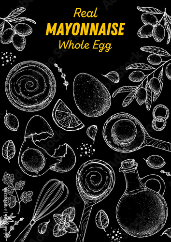 Mayonnaise sauce cooking and ingredients sketch, hand drawn vector illustration. Homemade mayonnaise sauce, design elements. Hand drawn, package design.