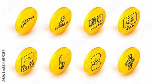 Set line Diving watch, Shell with pearl, Knife, Life jacket, Scallop sea shell, Action camera, Floating buoy the and Fishing harpoon icon. Vector