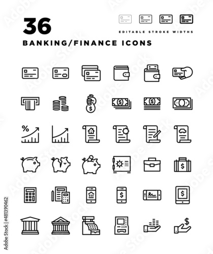 36 Banking and Financing Icons with Adjustable Stroke Widths