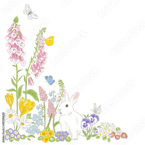 Spring summer flowers butterfly cute bunny hand drawn corner frame vector illustration isolated on white. Vintage Romantic floral arrangement for Birthday, Happy Easter card design.