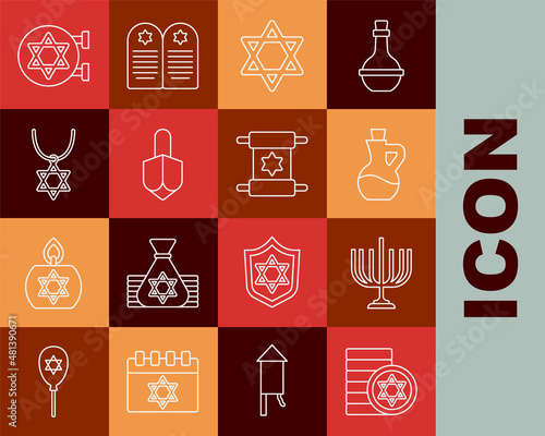 Set line Jewish coin, Hanukkah menorah, Bottle of olive oil, Star David, dreidel, necklace on chain, synagogue and Torah scroll icon. Vector