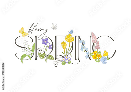 Spring blossom flower butterfly hand drawn vector illustration isolated on white. Bloomy spring phrase. Vintage delicate romantic nature print poster card.