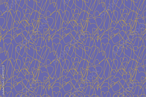 One line heart seamless pattern. Vector hand drawn repeating elements. Fashion print. Very peri color. Love illustration. Valentine's Day, wedding. Romantic background