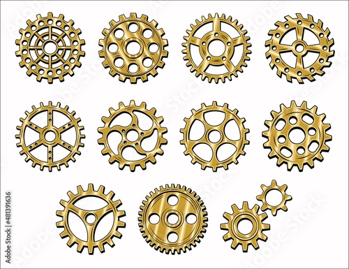 Set of gold, brass gears in retro style. Good for decoration in steampunk style. Vector.