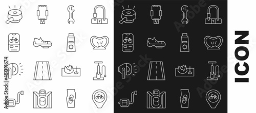 Set line Location with bicycle, Bicycle air pump, punctured tire, Wrench spanner, shoes, rental mobile app, bell and Sunscreen cream in tube icon. Vector