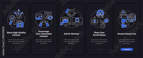Build trust on social media night mode onboarding mobile app screen. Open walkthrough 5 steps graphic instructions pages with linear concepts. UI, UX, GUI template. Myriad Pro-Bold, Regular fonts used