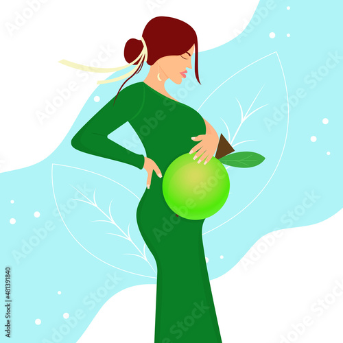 cute cartoon pregnant woman eats healthy food during pregnancy - there is a green apple in her tummy. Vector illustration in a flat style