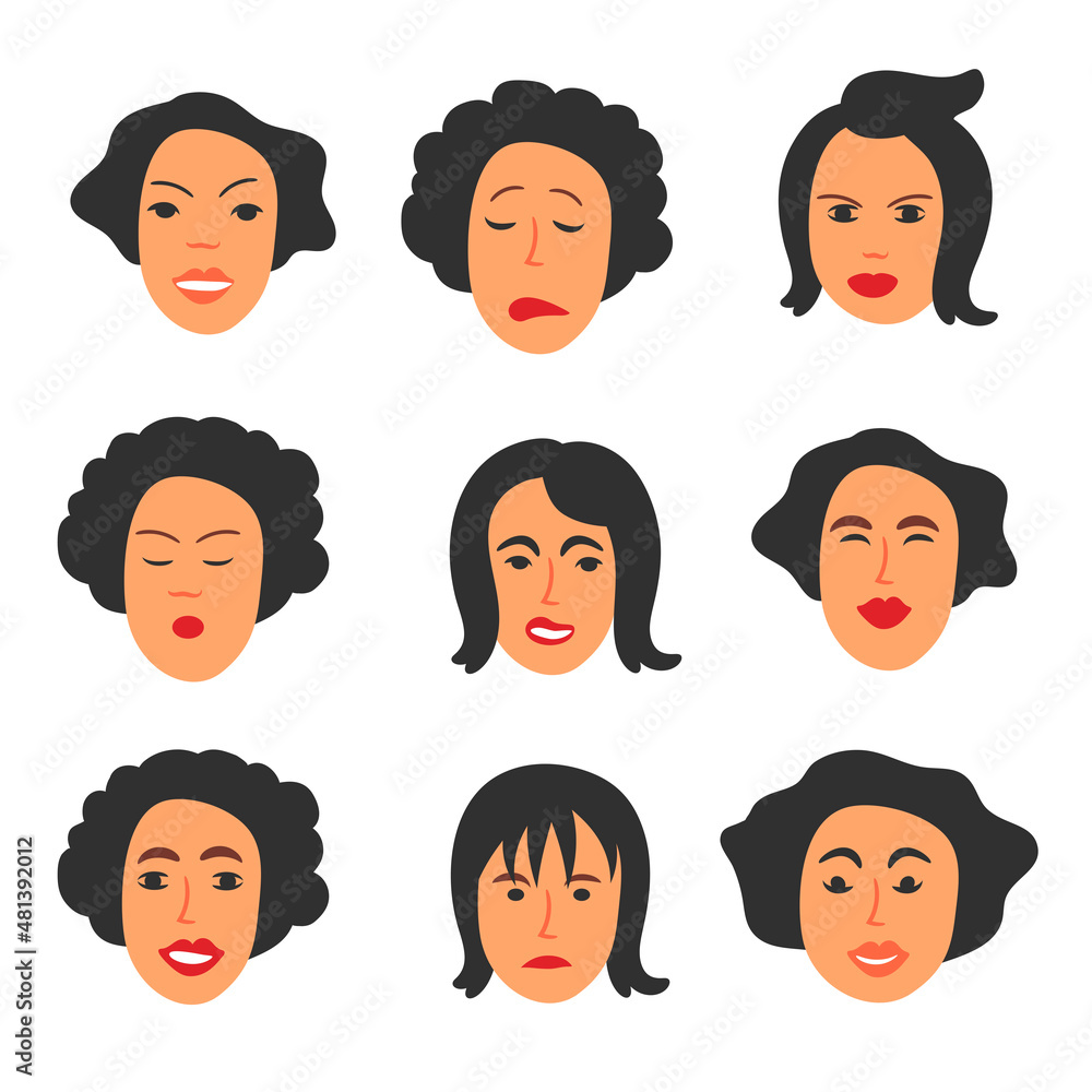 Set With Different Female Avatars. Various Hair Styles, Various Facial Emotions. Vector Illustration. Isolated on White. Set With Different Female Avatars. Various Hair Styles, Various Facial Emotions. Vector Illustration. Isolated on White.