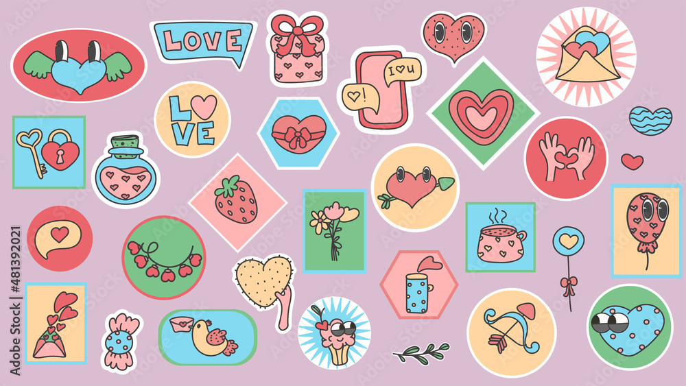 Set of Various Patches, pins, stamps or Stickers. Set of vector love icon sticker. funny cute comic Characters. Set of Various Patches, pins, stamps or Stickers. Set of vector love icon sticker. funny cute comic Characters.