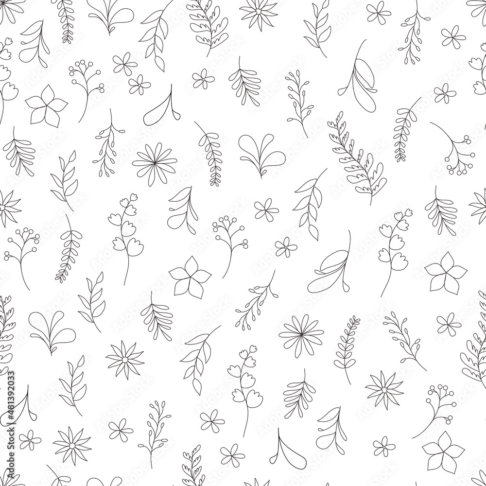 Floral and leaves seamless pattern. Hand drawn linear and silhouette flowers, branches, leaves textures. Cute flower patterns. elegant template for fashionable printers. 