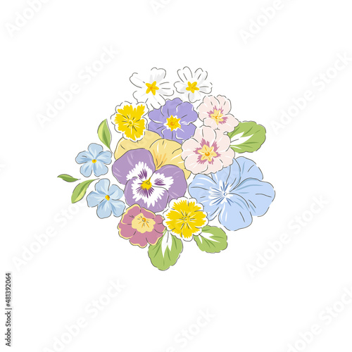 Fototapeta Naklejka Na Ścianę i Meble -  Variety Spring Garden flowers bouquet vector illustration isolated on white. Vintage Romantic floral arrangement for wedding invitation, Birthday, Mothers Day, Woman Day, Happy Easter card design.