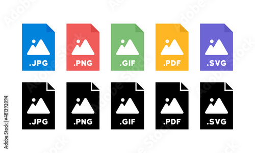 File formats icon set. PNG, SVG, JPG, PDF and GIF. Vector EPS 10. Isolated on white background