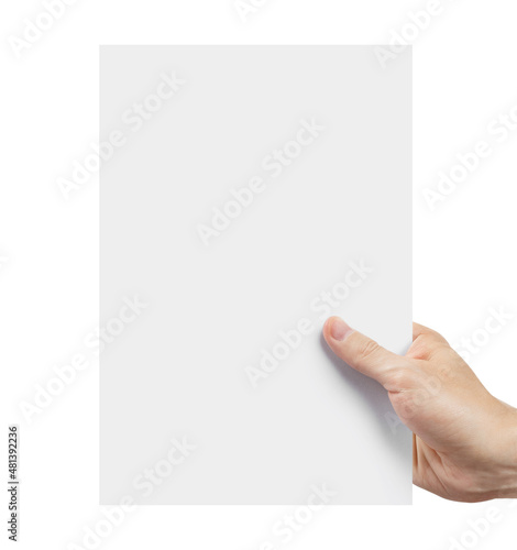 Hand holding blank A4 paper sheet, isolated on white background