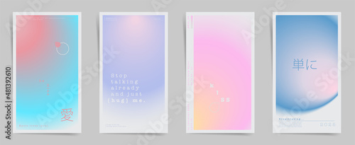 japanese meaning - love, beauty. Social media story post template with modern smooth gradient. Gradient aesthetic stories template design set for poster, social media post and promo banners. Vector.