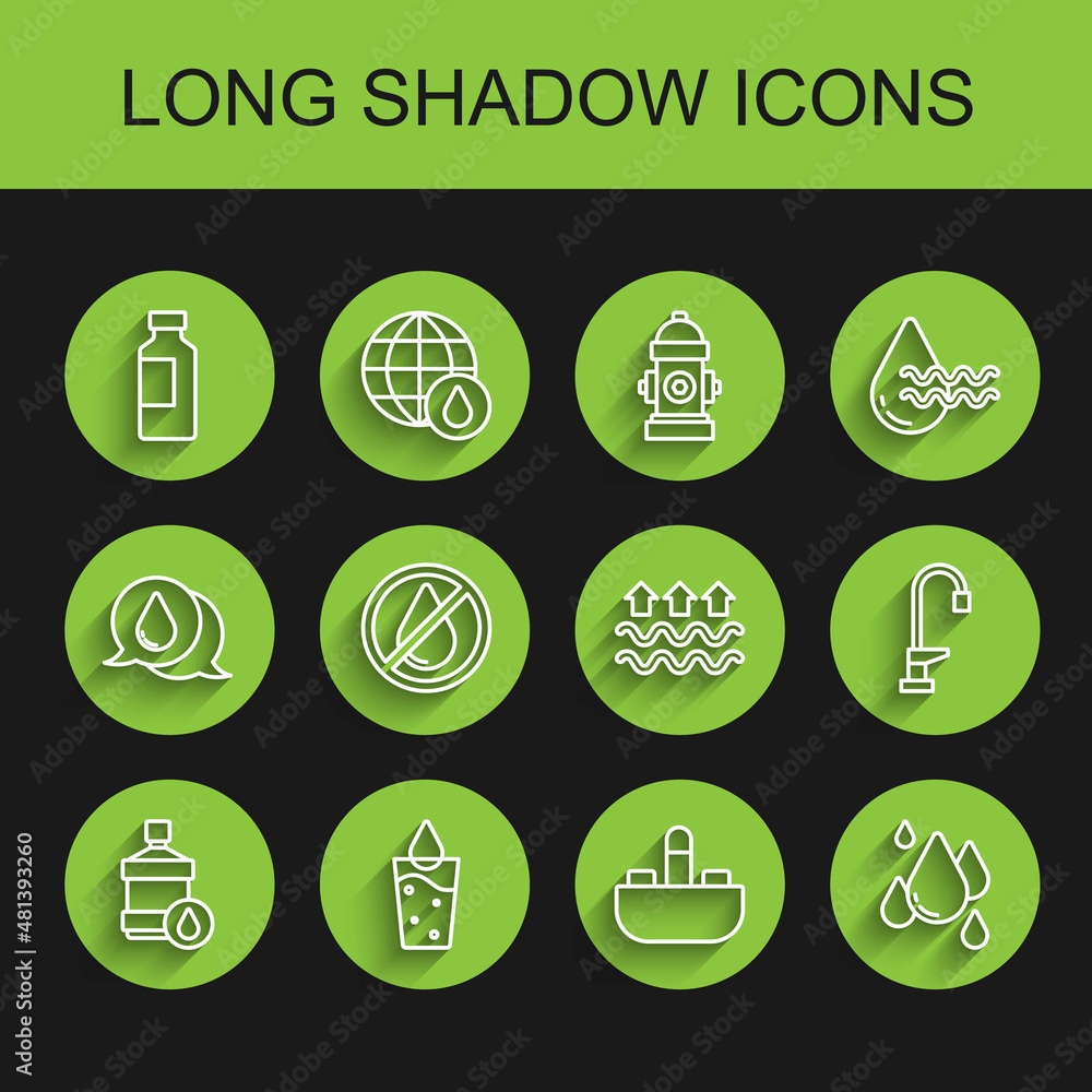 Set line Big bottle with clean water, Glass, Bottle of, Washbasin tap, Water drop, forbidden, and Waves and evaporation icon. Vector Set line Big bottle with clean water, Glass, Bottle of, Washbasin tap, Water drop, forbidden, and Waves and evaporation icon. Vector